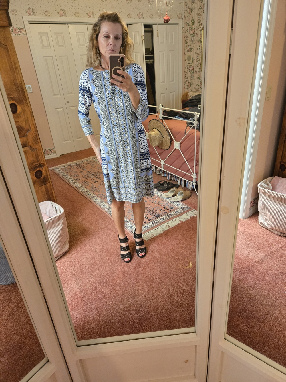 London Times Blue Printed Midi Shift Dress